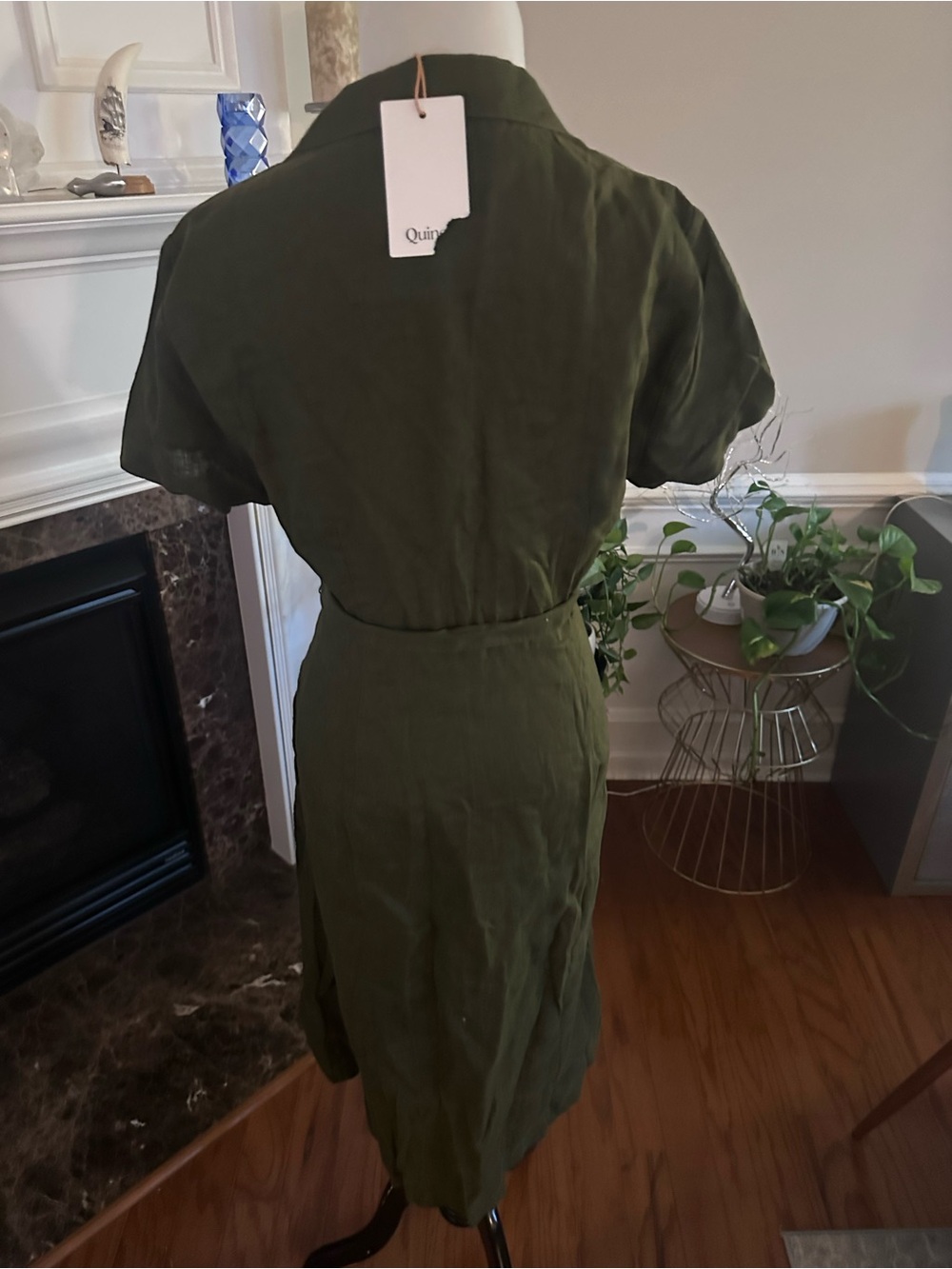 Army Green Linen Collar dress with button front and tie. NWT Quince 8 - Picture 6 of 8